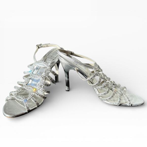 Stuart Weitzman Shoes - Vintage Y2K Stuart Weitzman silver rhinestones strappy heels